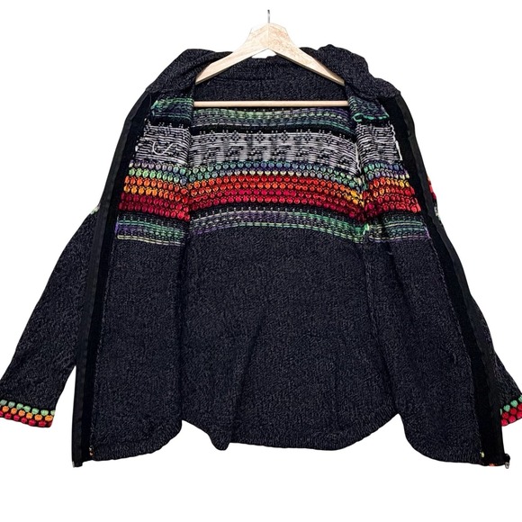 Vtg Peruvian Alpaca Llama Hoodie Sweater Rainbow Trim Boho Andean Knit Zip *flaw - Picture 7 of 8